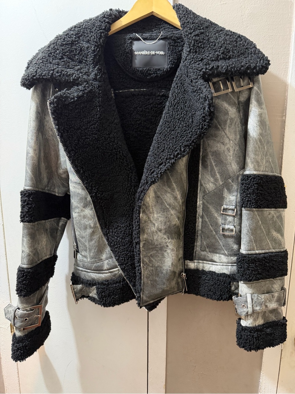 Maniere De Voir Washed Black Shearling Moto Jacket